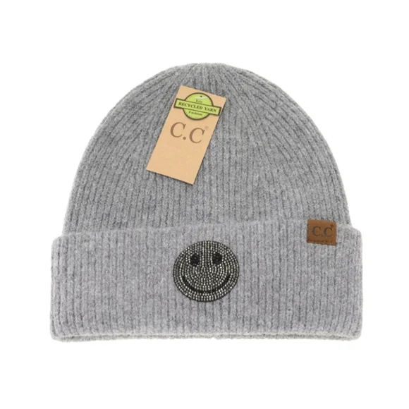 NEW! BOHO CHIC FABULOUS Rhinestone Smiley Face Cuff Beanie - Picture 4 of 4